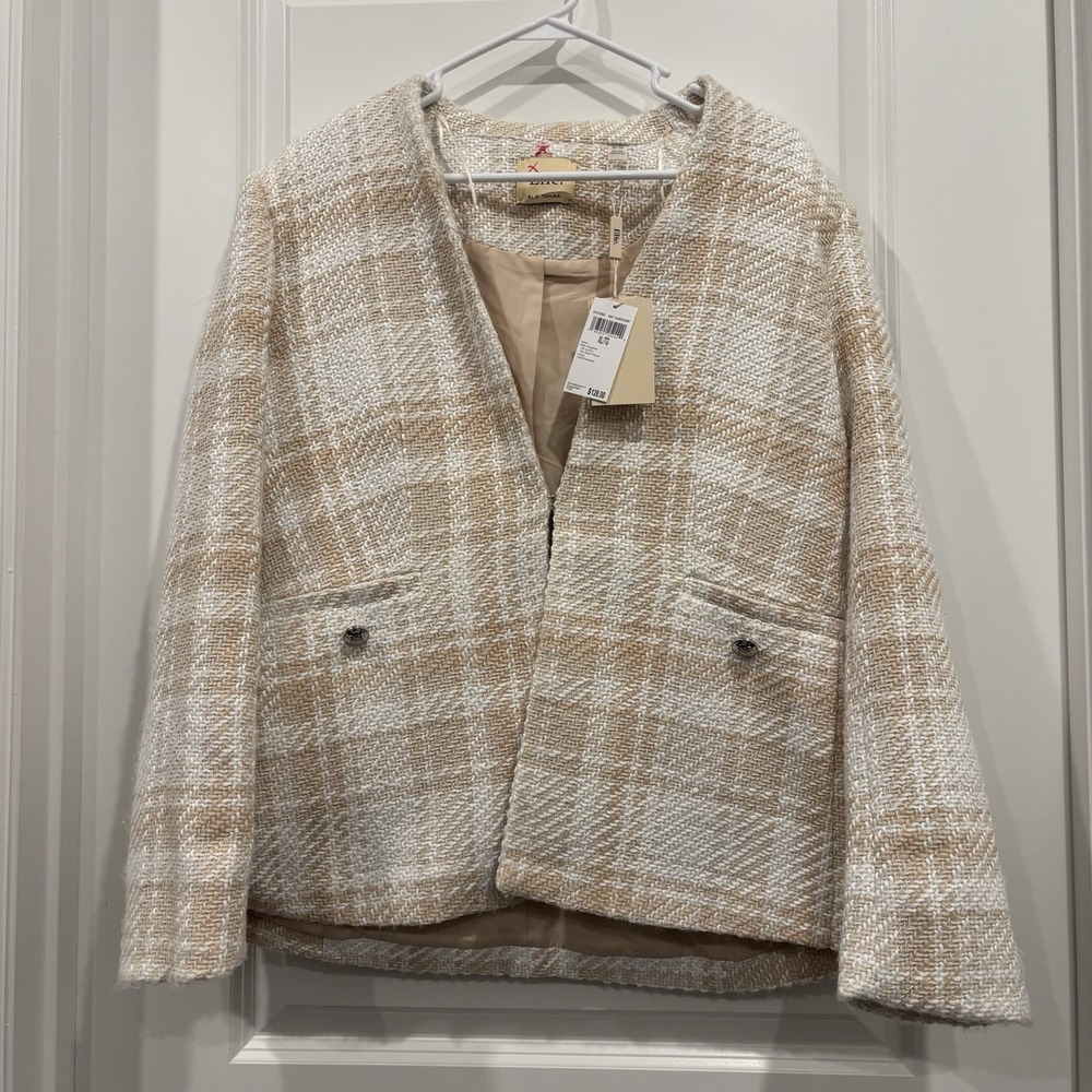 Elie Tahari Women's Tweed Ivory Cream Plaid Blazer - Size XL
